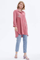 Büyük Beden Nakışlı Uzun Gömlek - Gül Kurusu (3) Sementa