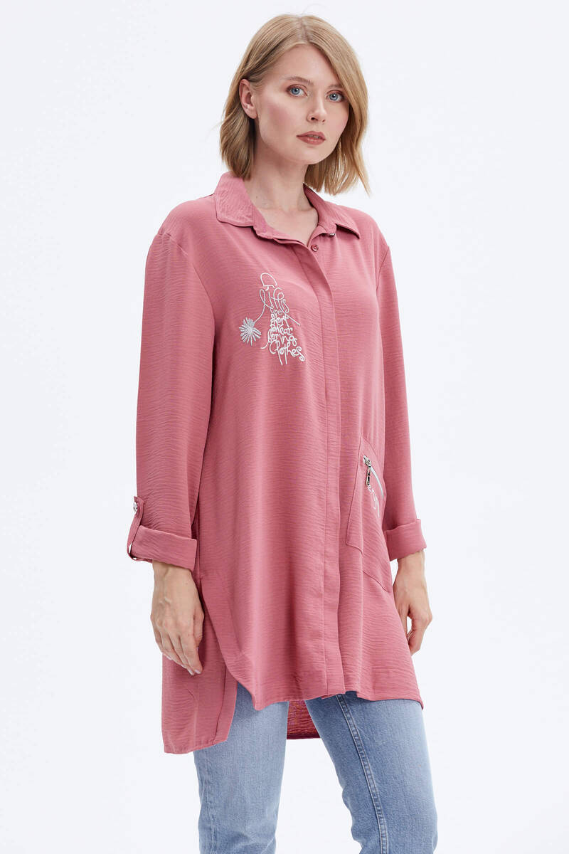 Büyük Beden Nakışlı Uzun Gömlek - Gül Kurusu (4) Sementa