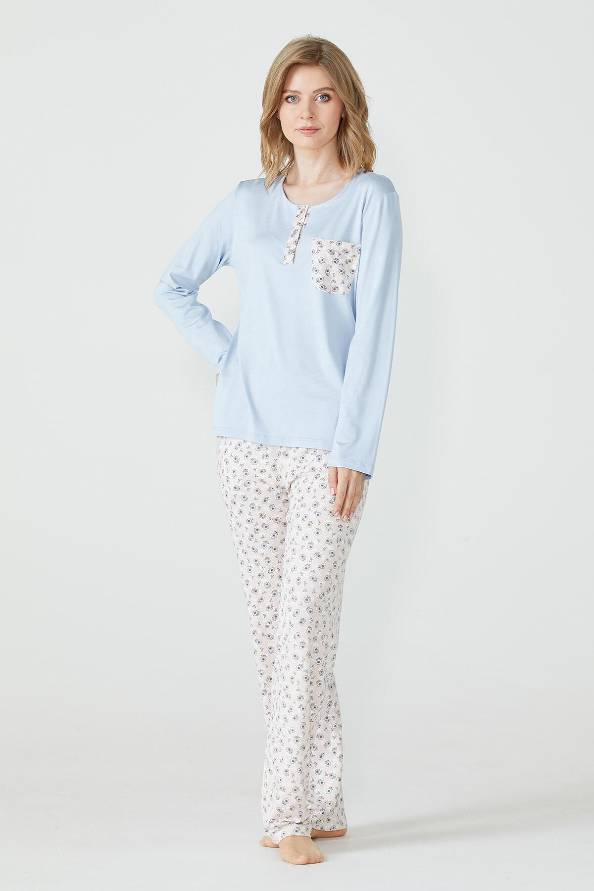 Cep Detaylı Desenli Kadın Pijama Takımı - Mavi (2) Sementa