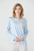 Cep Detaylı Desenli Kadın Pijama Takımı - Mavi (3) Sementa