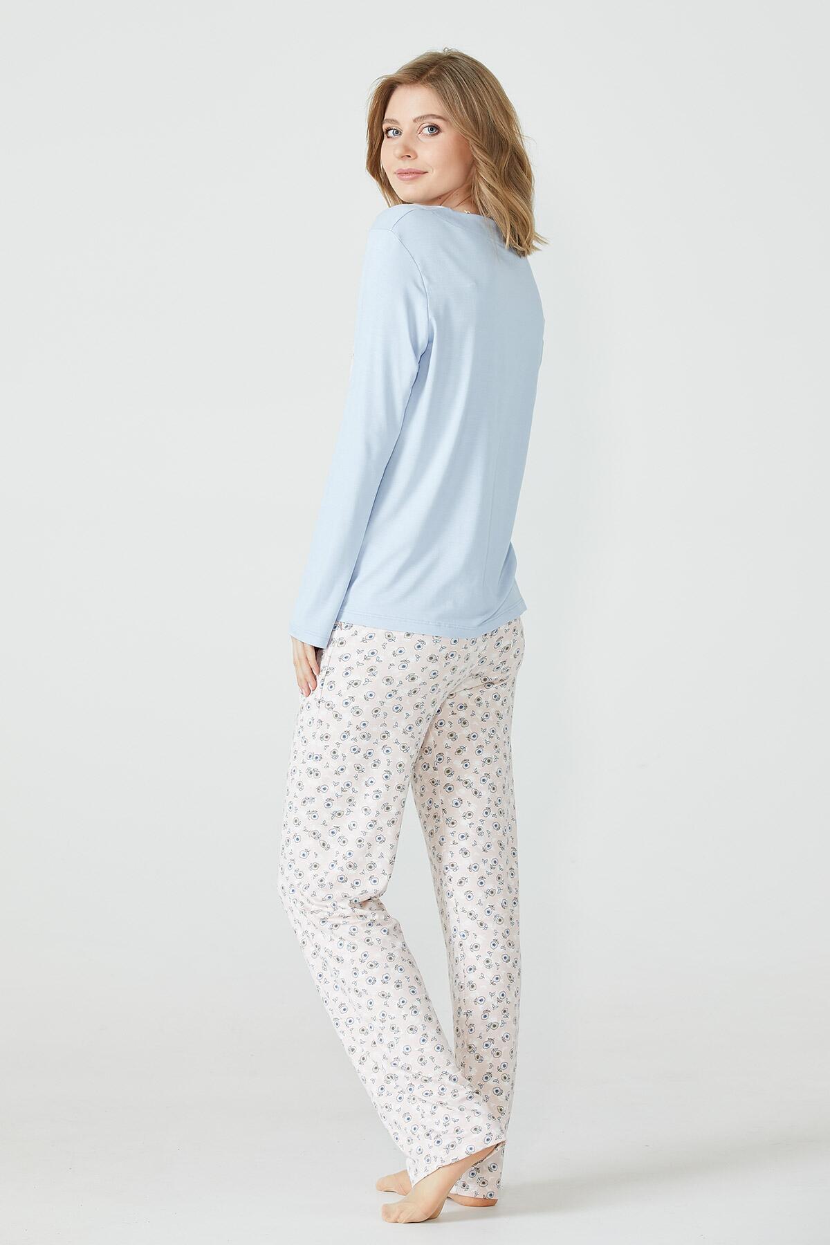Cep Detaylı Desenli Kadın Pijama Takımı - Mavi (4) Sementa