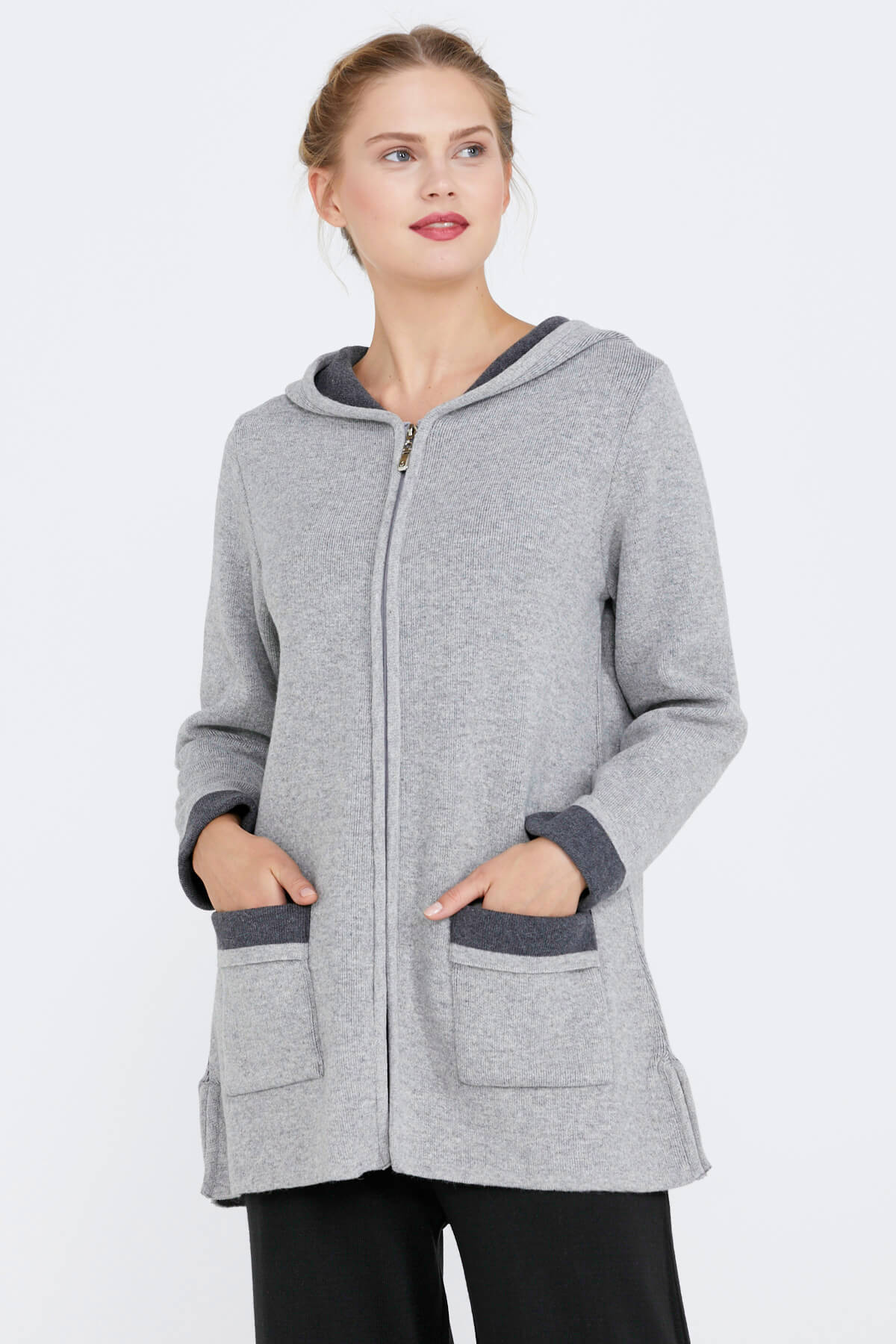 Cepli ve Kapüşonlu Kadın Triko Ceket - Açık Gri - Koyu Gri (1) Sementa