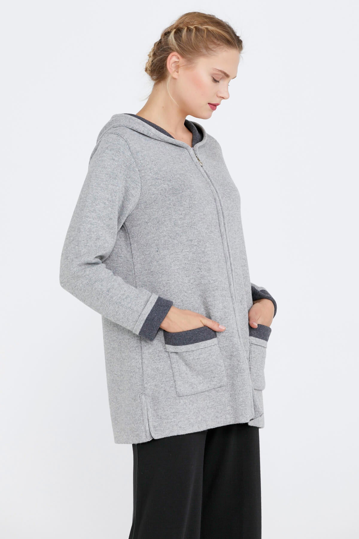 Cepli ve Kapüşonlu Kadın Triko Ceket - Açık Gri - Koyu Gri (2) Sementa