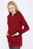 Cepli ve Kapüşonlu Kadın Triko Ceket - Kırmızı - Siyah (2) Sementa