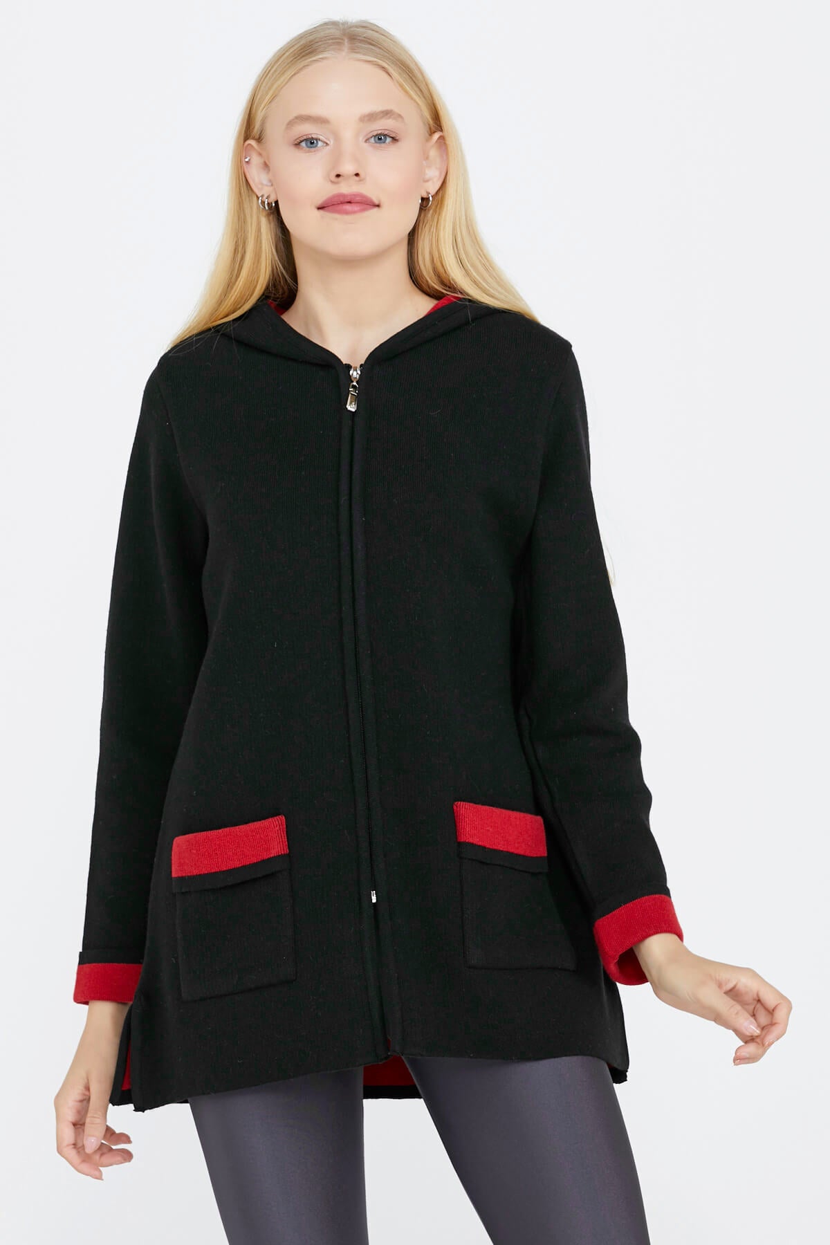 Cepli ve Kapüşonlu Kadın Triko Ceket - Siyah - Kırmızı (2) Sementa