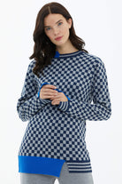 Dama Desenli Sıfır Yaka Triko Kazak - Lacivert (2) Sementa