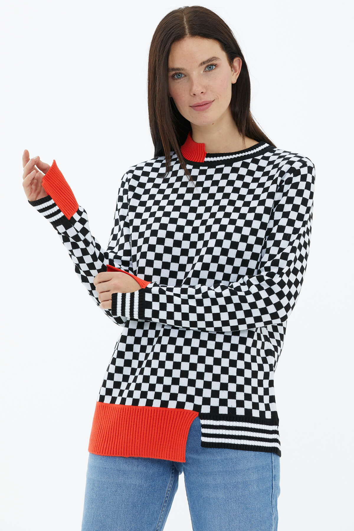 Checkered crew neck sweater sale