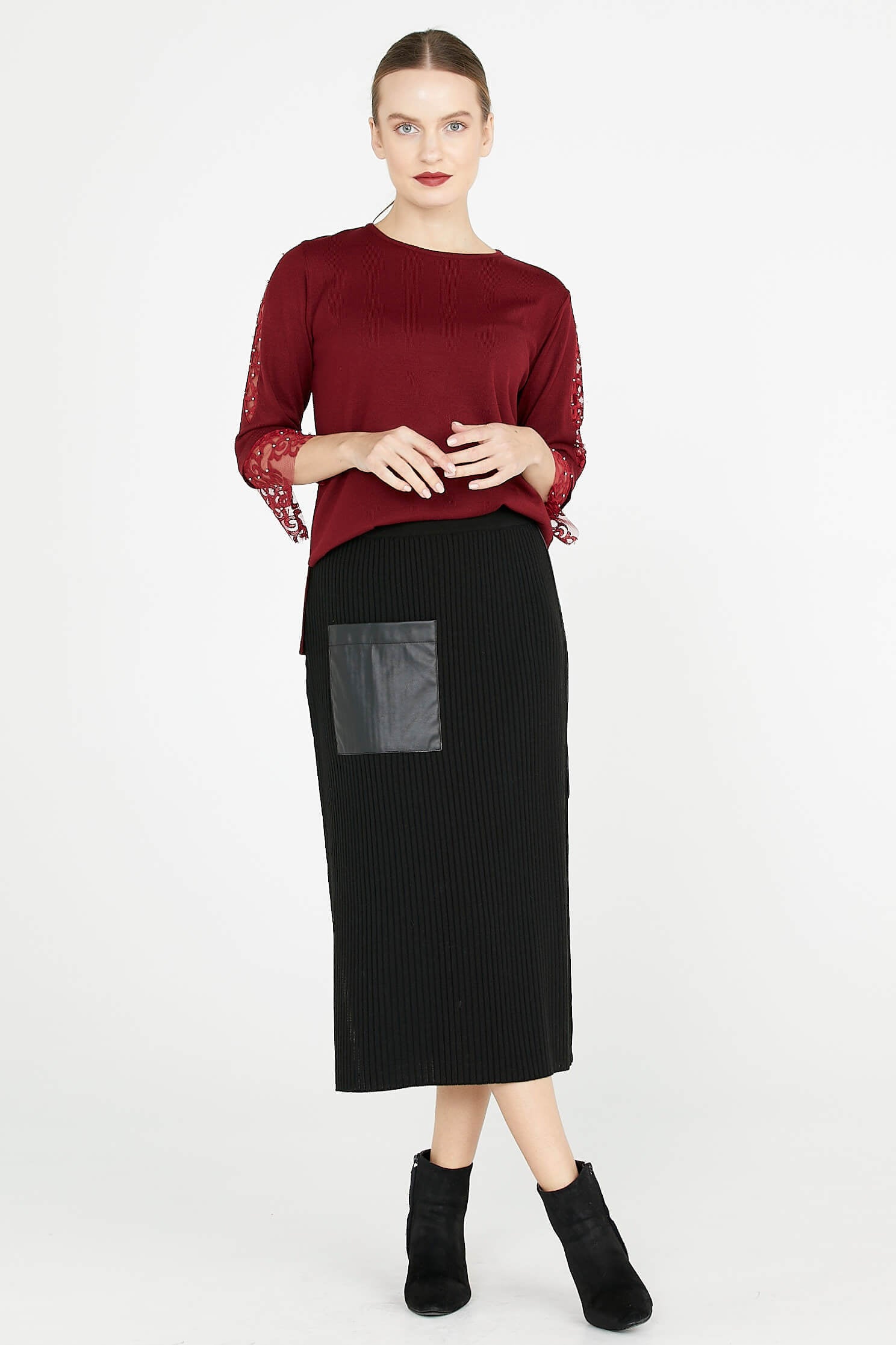 Deri Detaylı Midi Boy Triko Etek - Siyah (1) Sementa