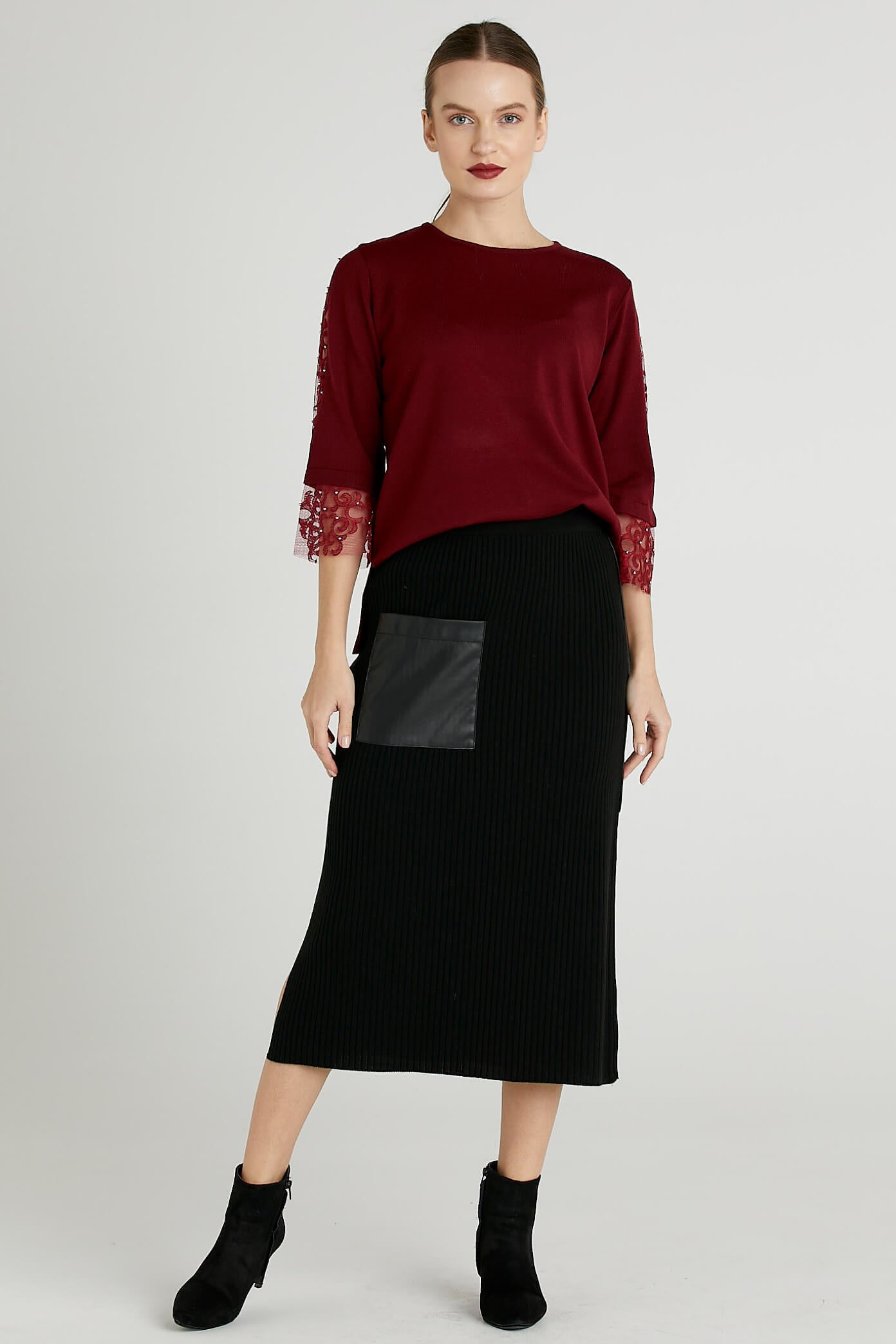 Deri Detaylı Midi Boy Triko Etek - Siyah (2) Sementa