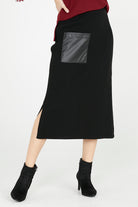 Deri Detaylı Midi Boy Triko Etek - Siyah (3) Sementa