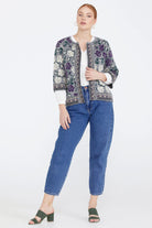 Desenli Triko Kadın Ceket - Gri - Krem (2) Sementa