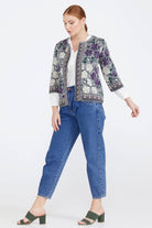 Desenli Triko Kadın Ceket - Gri - Krem (3) Sementa