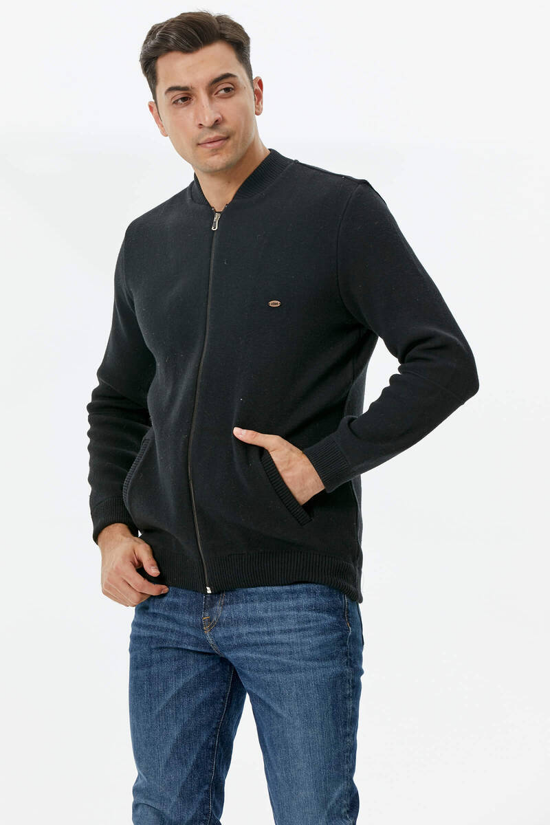 Dik Yaka Fermuarlı Cepli Triko Hırka - Siyah (2) Sementa