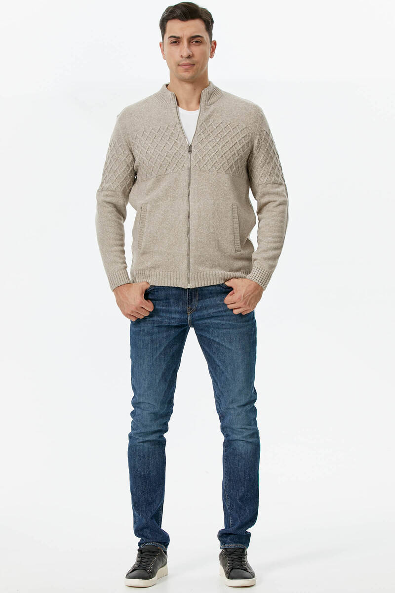 Dik Yaka Fermuarlı Cepli Triko Hırka - Vizon (1) Sementa