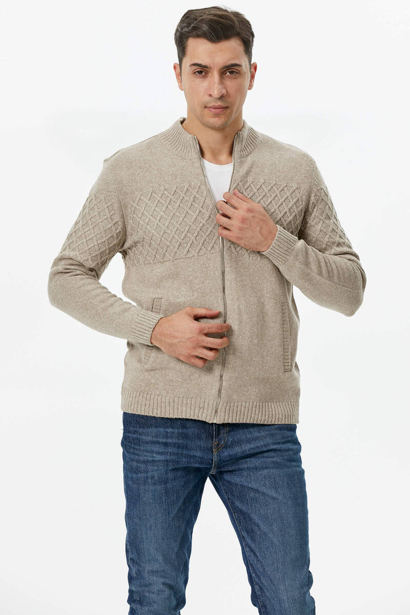 Dik Yaka Fermuarlı Cepli Triko Hırka - Vizon (2) Sementa