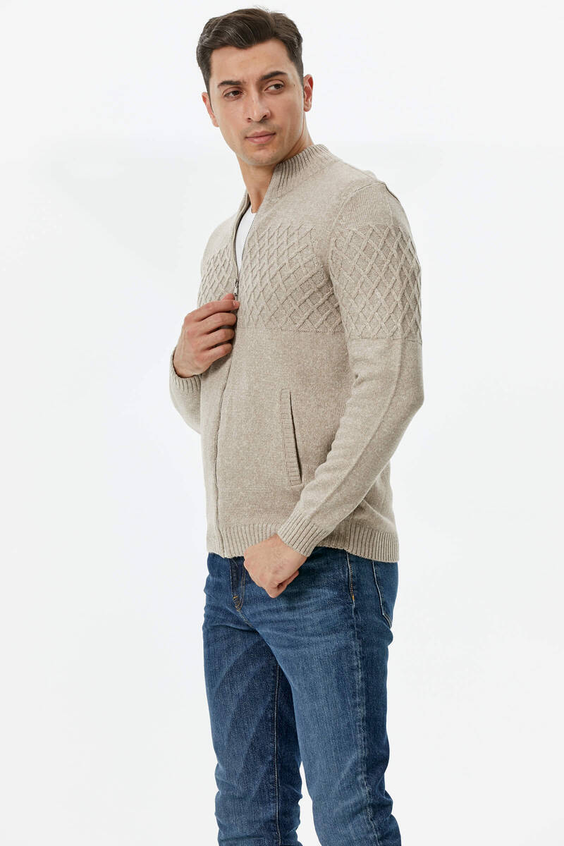 Dik Yaka Fermuarlı Cepli Triko Hırka - Vizon (3) Sementa