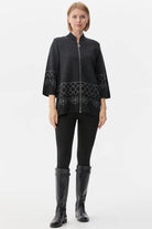 Dik Yaka Fermuarlı Taşlı Triko Hırka - Siyah (1) Sementa