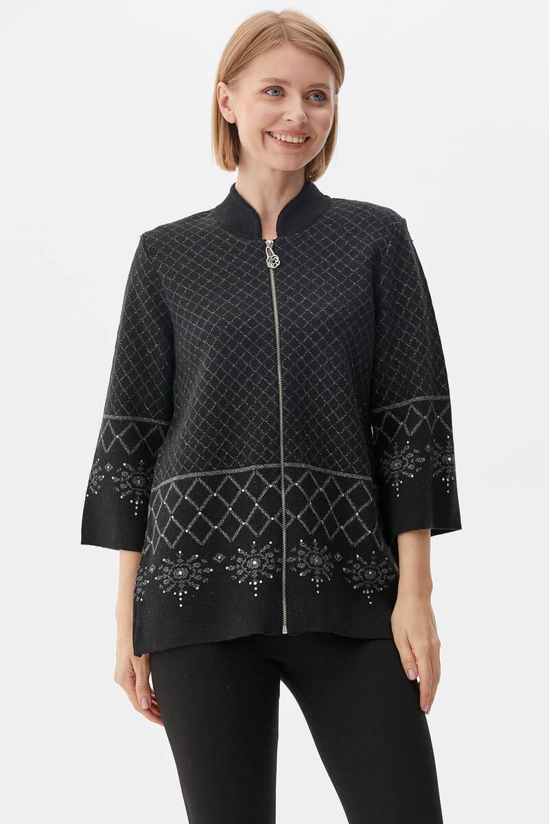 Dik Yaka Fermuarlı Taşlı Triko Hırka - Siyah (2) Sementa