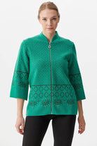 Dik Yaka Fermuarlı Taşlı Triko Hırka - Yeşil (2) Sementa