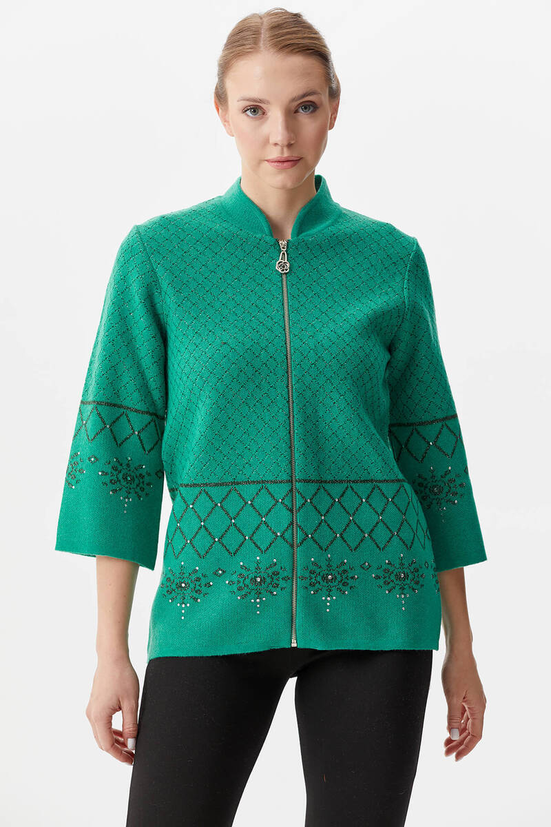 Dik Yaka Fermuarlı Taşlı Triko Hırka - Yeşil (2) Sementa