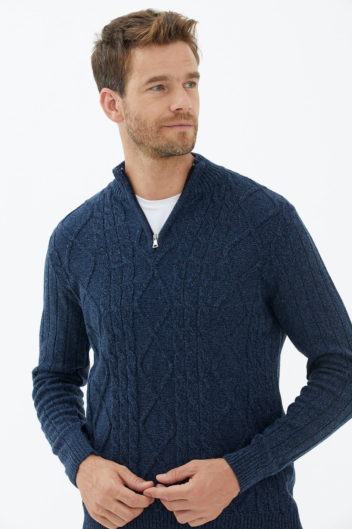 Dik Yaka Fermuarlı Triko Kazak - Lacivert (2) Sementa