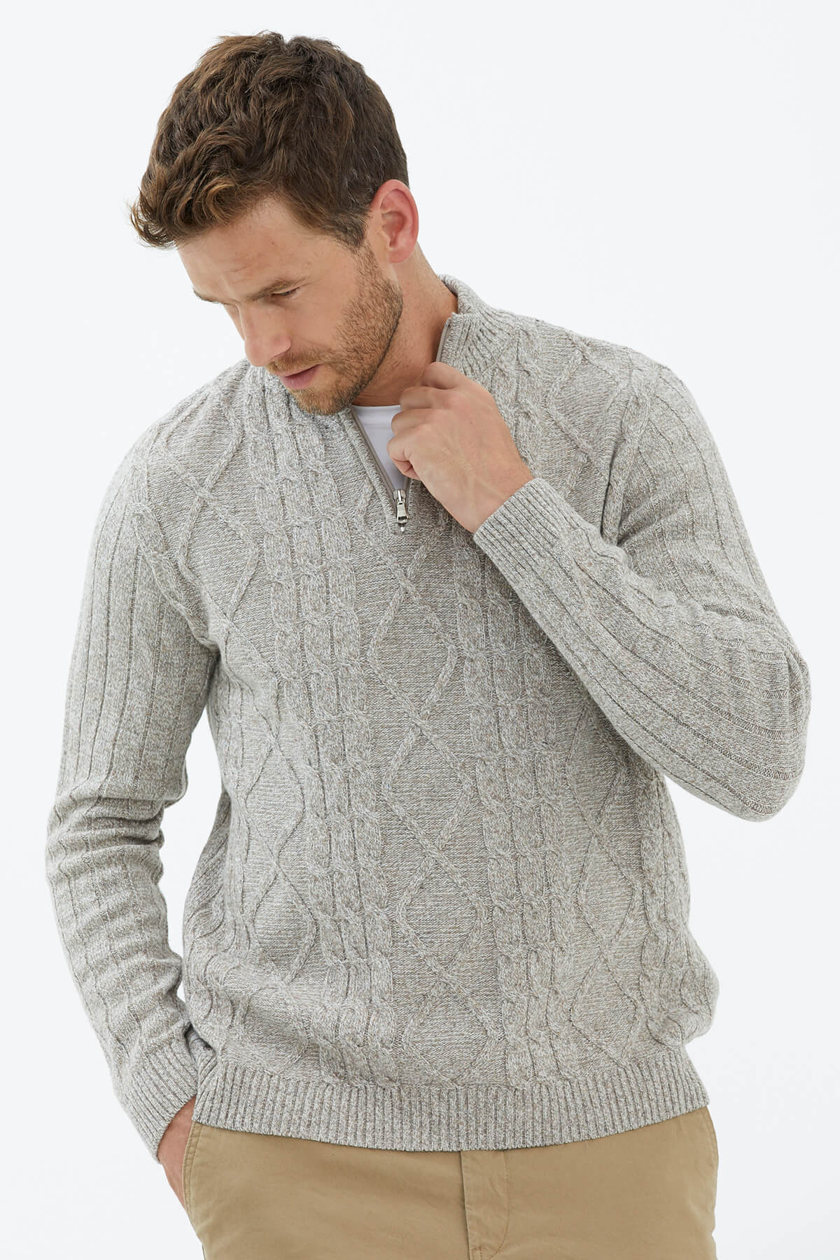 Dik Yaka Fermuarlı Triko Kazak - Sütlü Kahve (1) Sementa