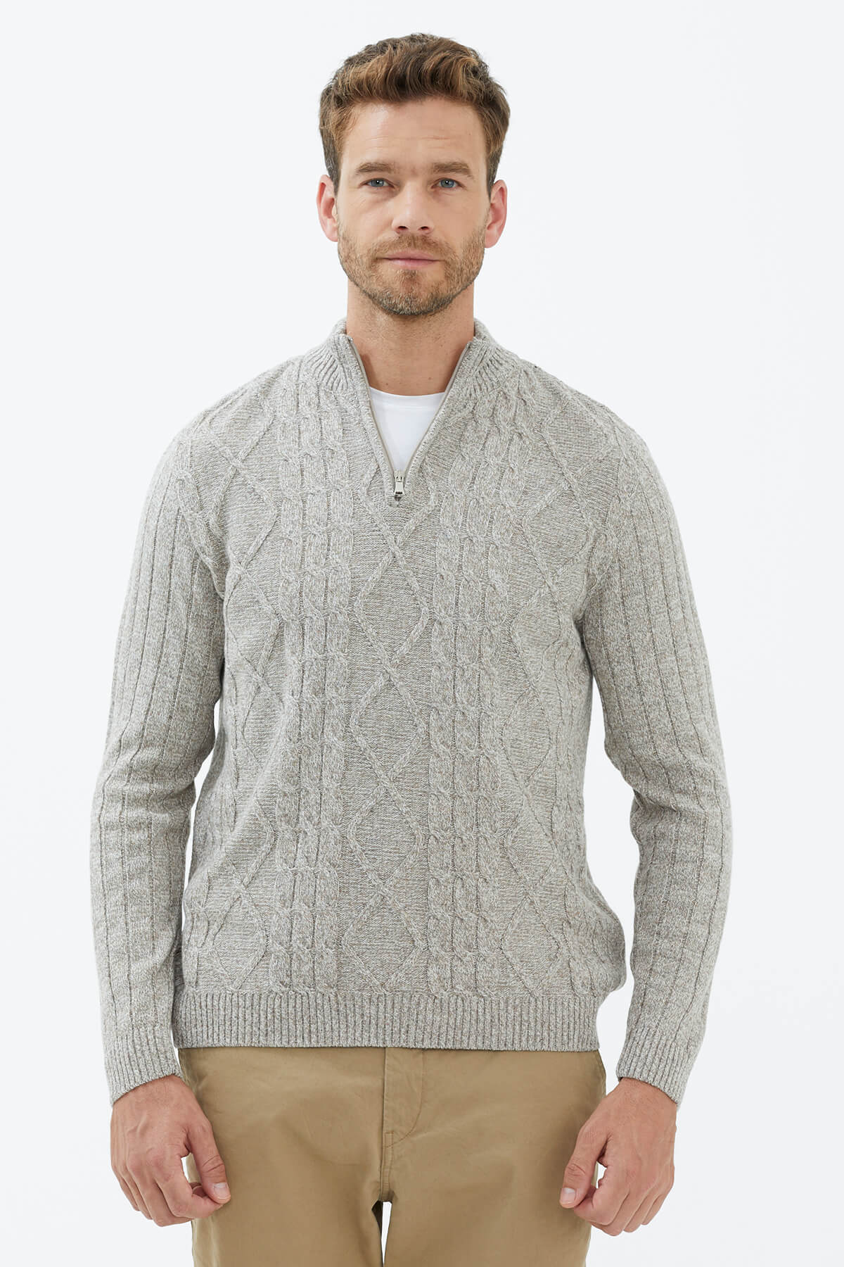 Dik Yaka Fermuarlı Triko Kazak - Sütlü Kahve (2) Sementa