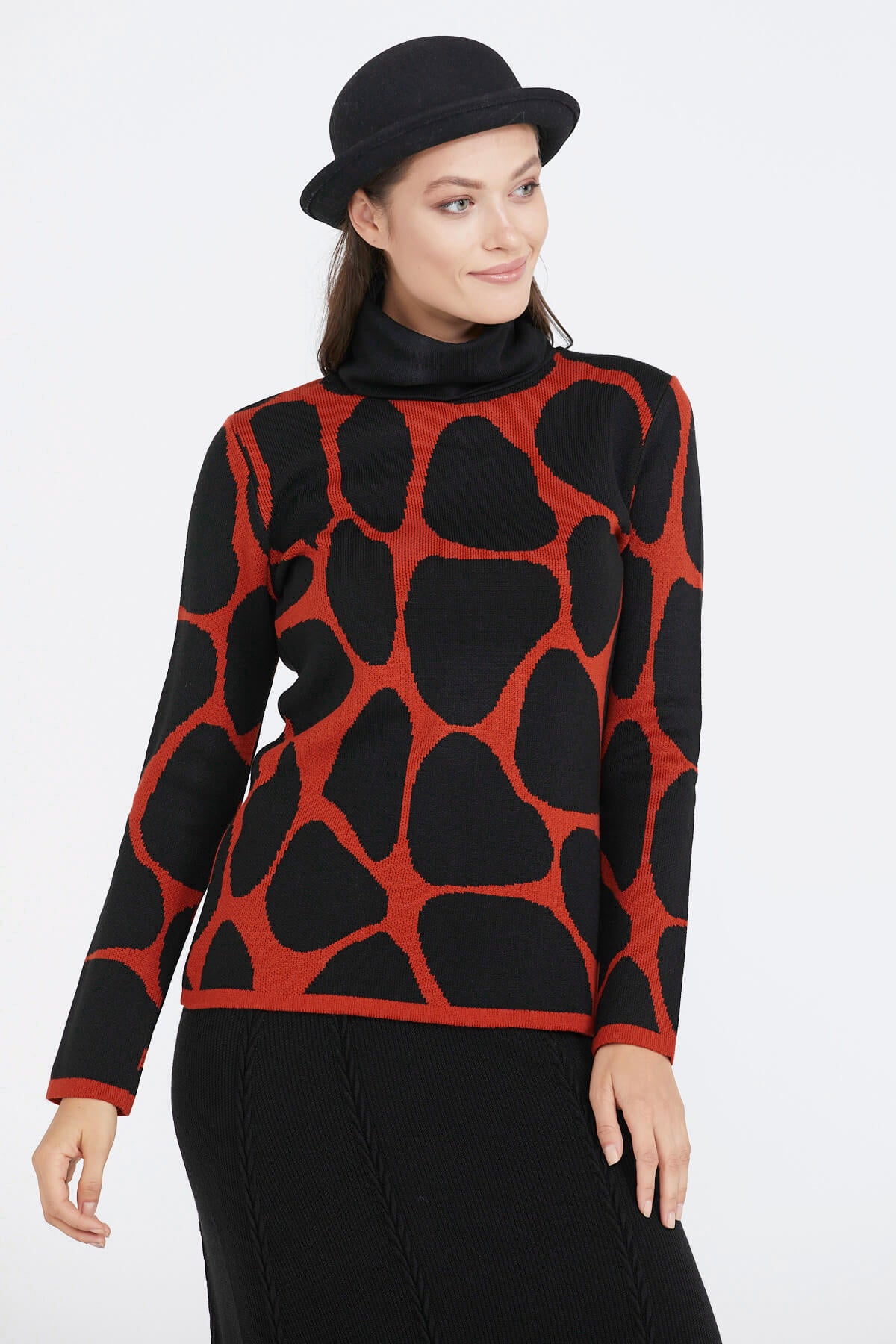 Dik Yaka Kadın Desenli Triko Kazak - Taba - Siyah (2) Sementa