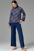 Dik Yaka Sim Detaylı Desenli Triko Kazak - Indigo (3) Sementa