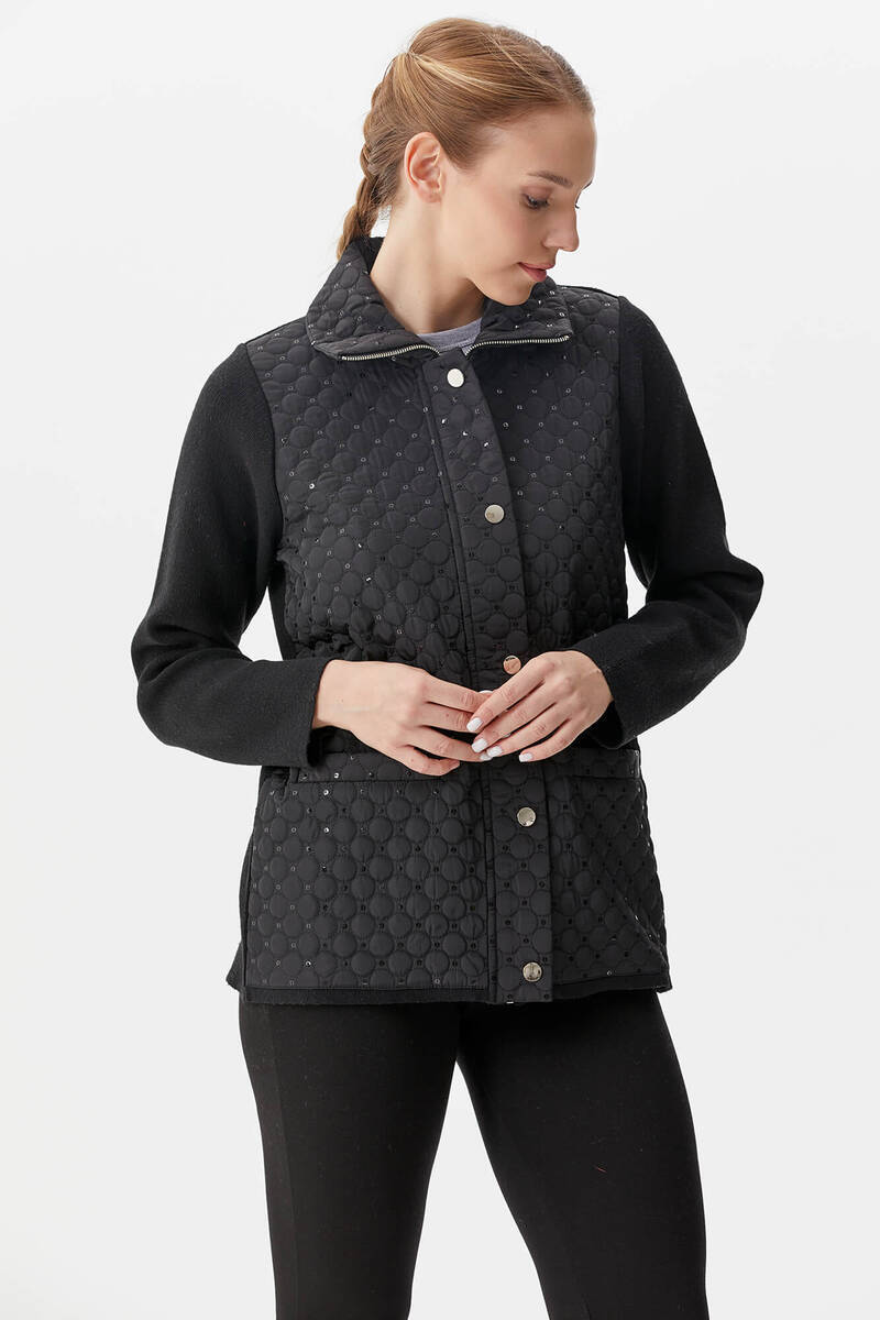 Dik Yaka Zımbalı Önü Kapitone Triko Ceket - Siyah (3) Sementa