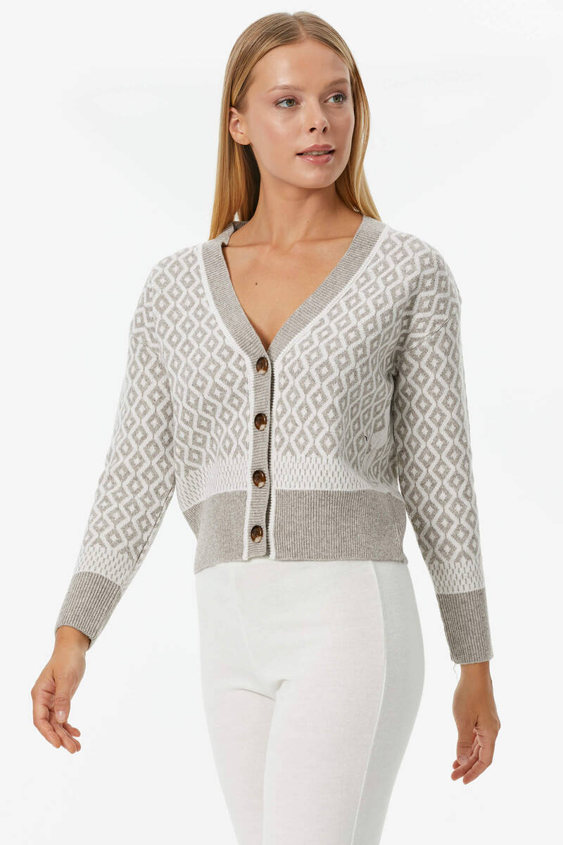 Düğmeli Geometrik Desenli Triko Hırka - Vizon (1) Sementa