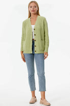 Düğmeli Saç Örgülü Triko Hırka - Yeşil (1) Sementa