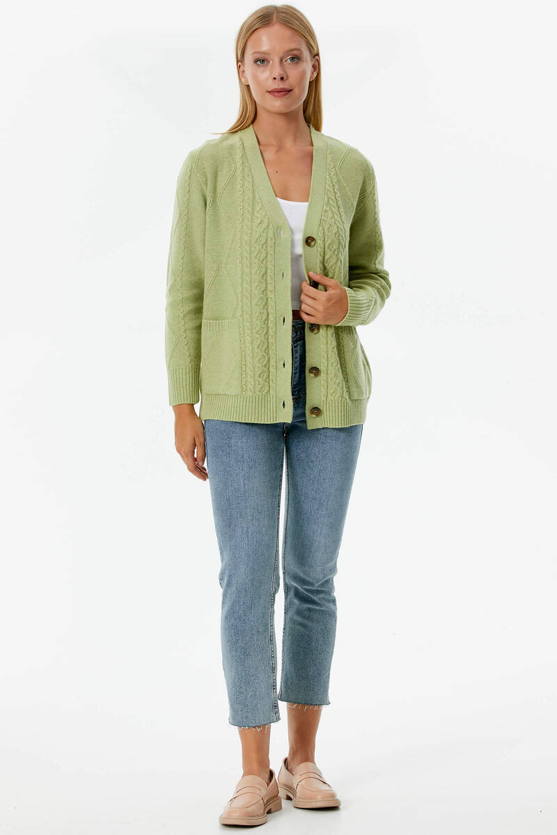 Düğmeli Saç Örgülü Triko Hırka - Yeşil (2) Sementa