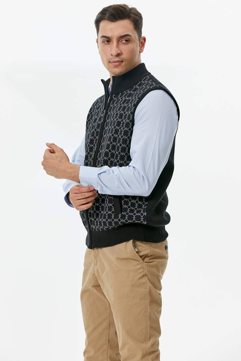 Erkek Dik Yaka Fermuarlı Cepli Triko Yelek - Siyah - Açık Gri (3) Sementa