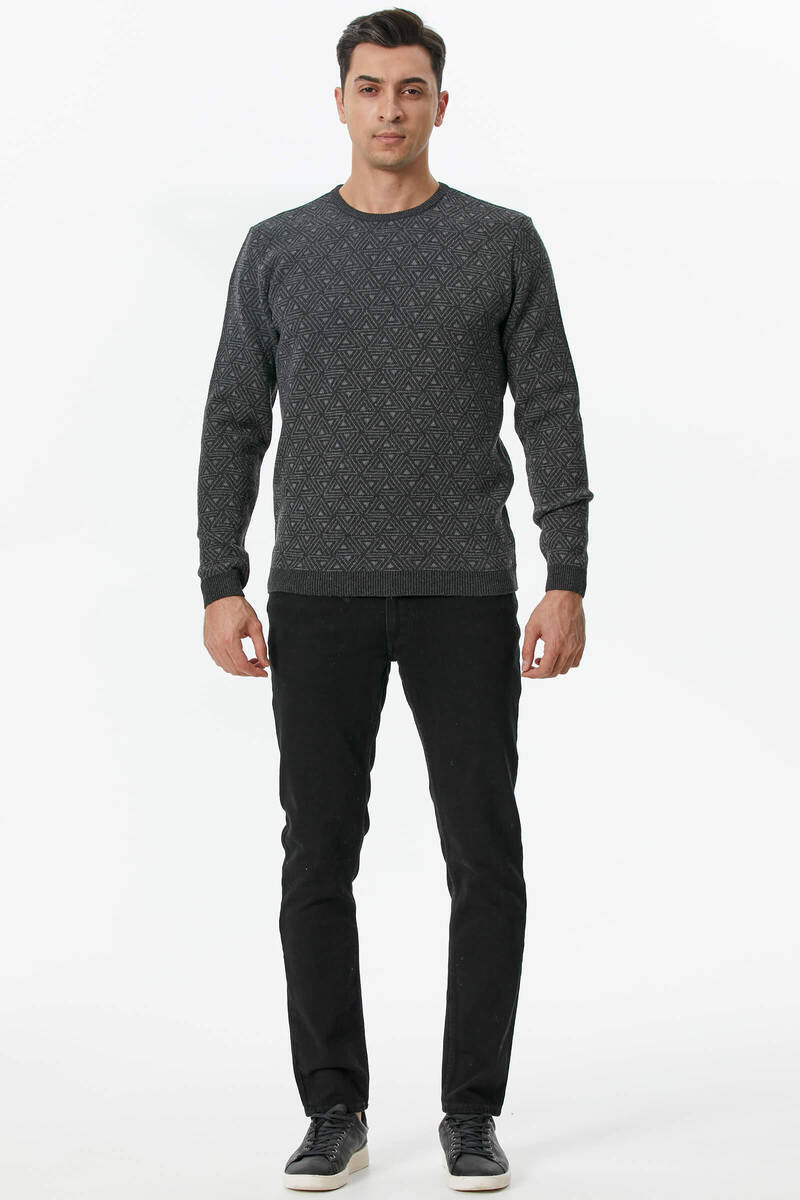 Erkek Sıfır Yaka Desenli Triko Kazak - Antrasit (1) Sementa