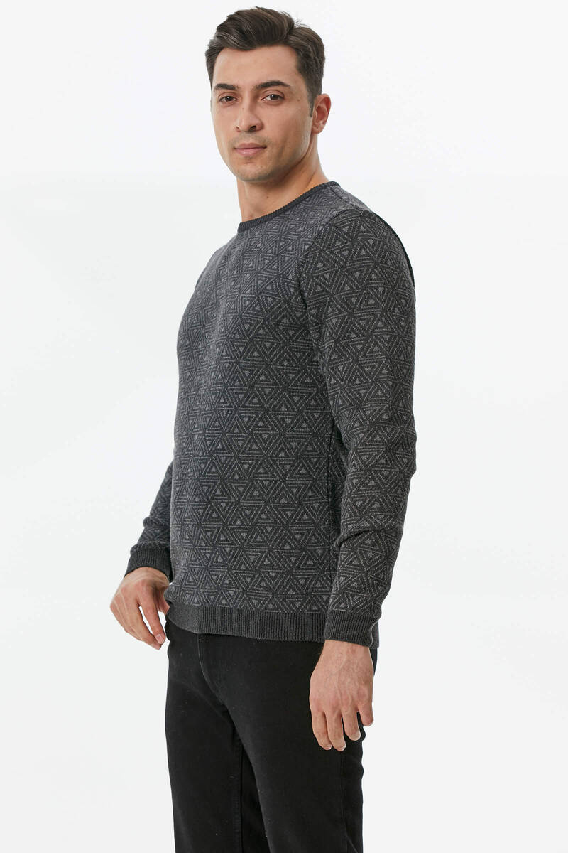 Erkek Sıfır Yaka Desenli Triko Kazak - Antrasit (3) Sementa
