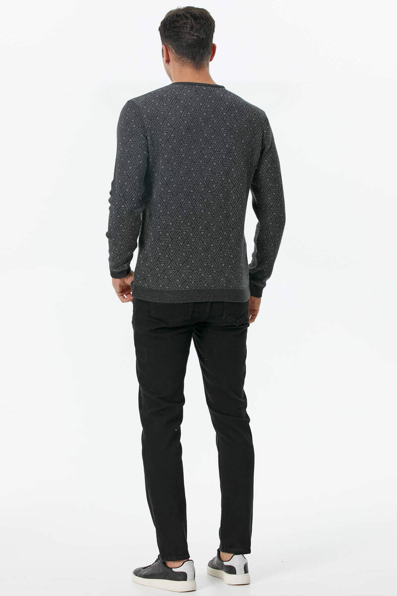 Erkek Sıfır Yaka Desenli Triko Kazak - Antrasit (4) Sementa