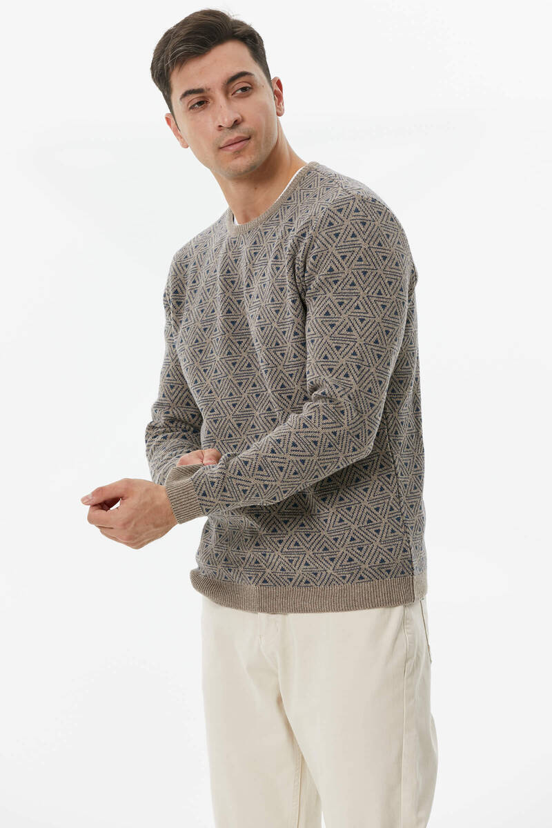 Erkek Sıfır Yaka Desenli Triko Kazak - Sütlü Kahve (2) Sementa