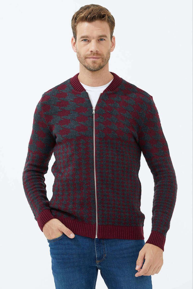 Fermuarlı Blok Desenli Triko Hırka - Bordo (1) Sementa