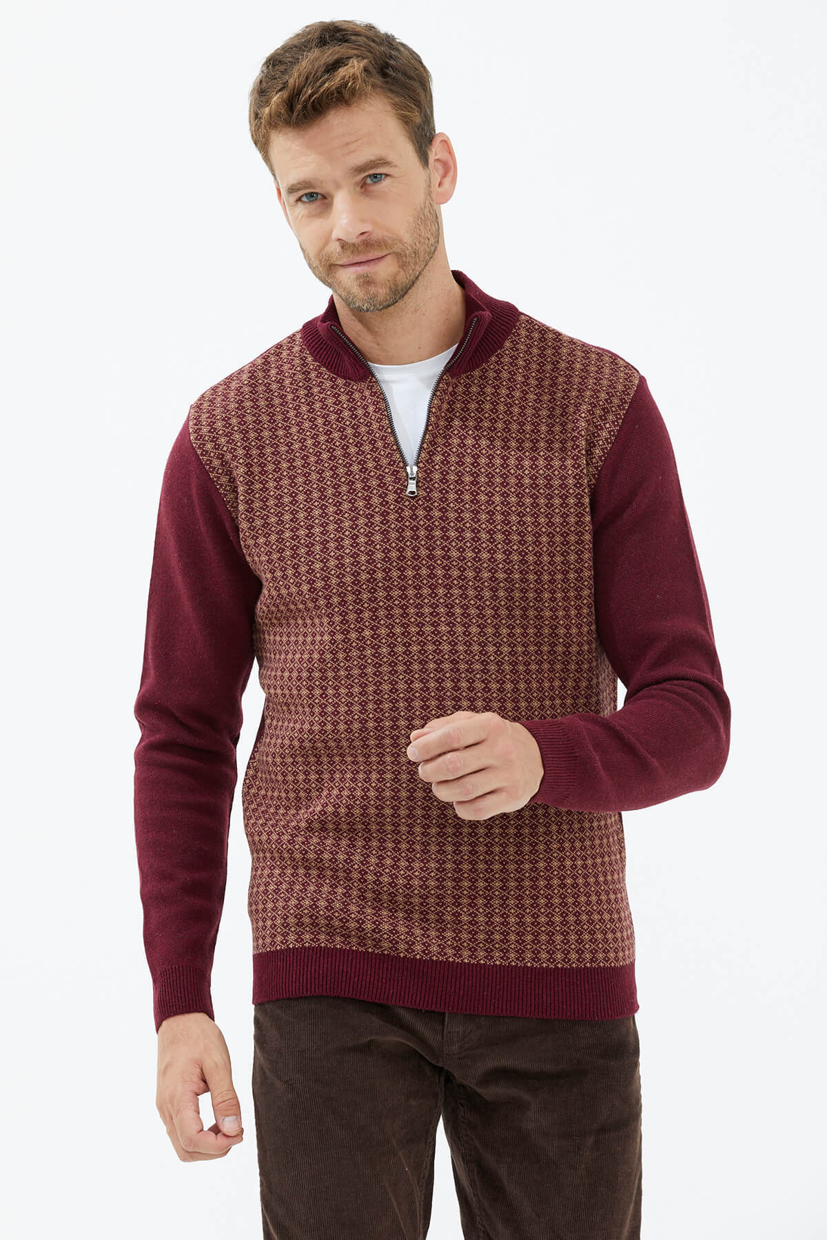 Fermuarlı Dik Yaka Triko Kazak - Bordo (3) Sementa