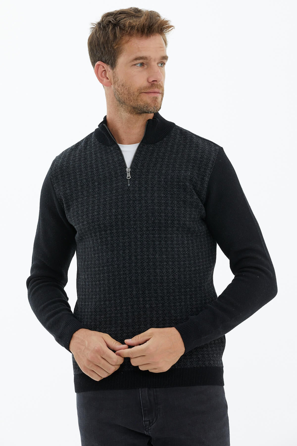 Fermuarlı Dik Yaka Triko Kazak - Siyah (1) Sementa