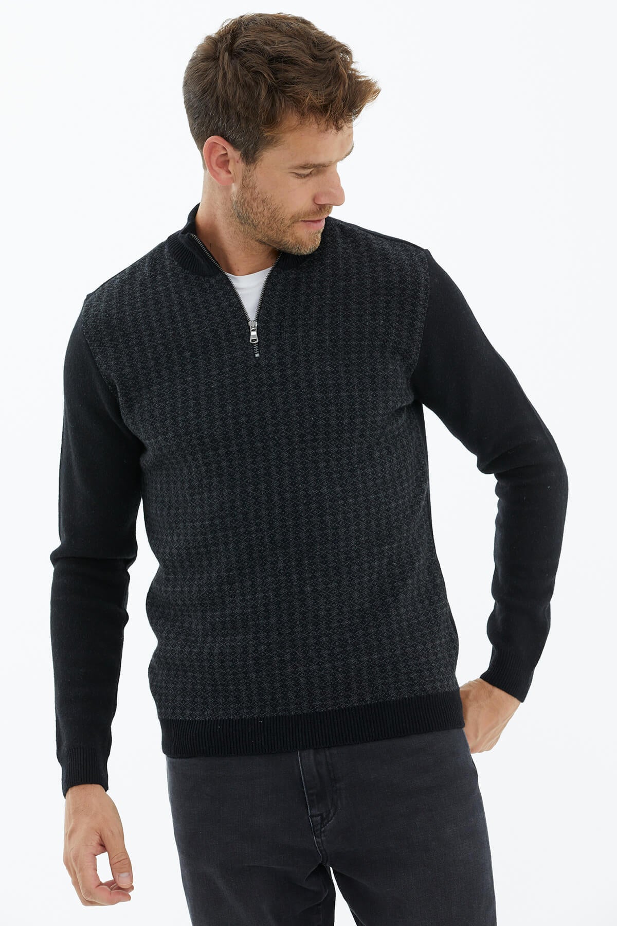 Fermuarlı Dik Yaka Triko Kazak - Siyah (2) Sementa