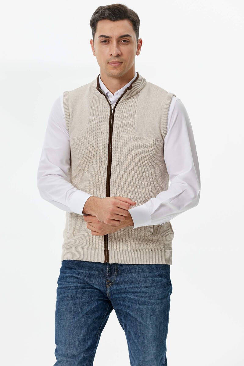 Fermuarlı Dik Yakalı Triko Yelek - Açık Bej (1) Sementa