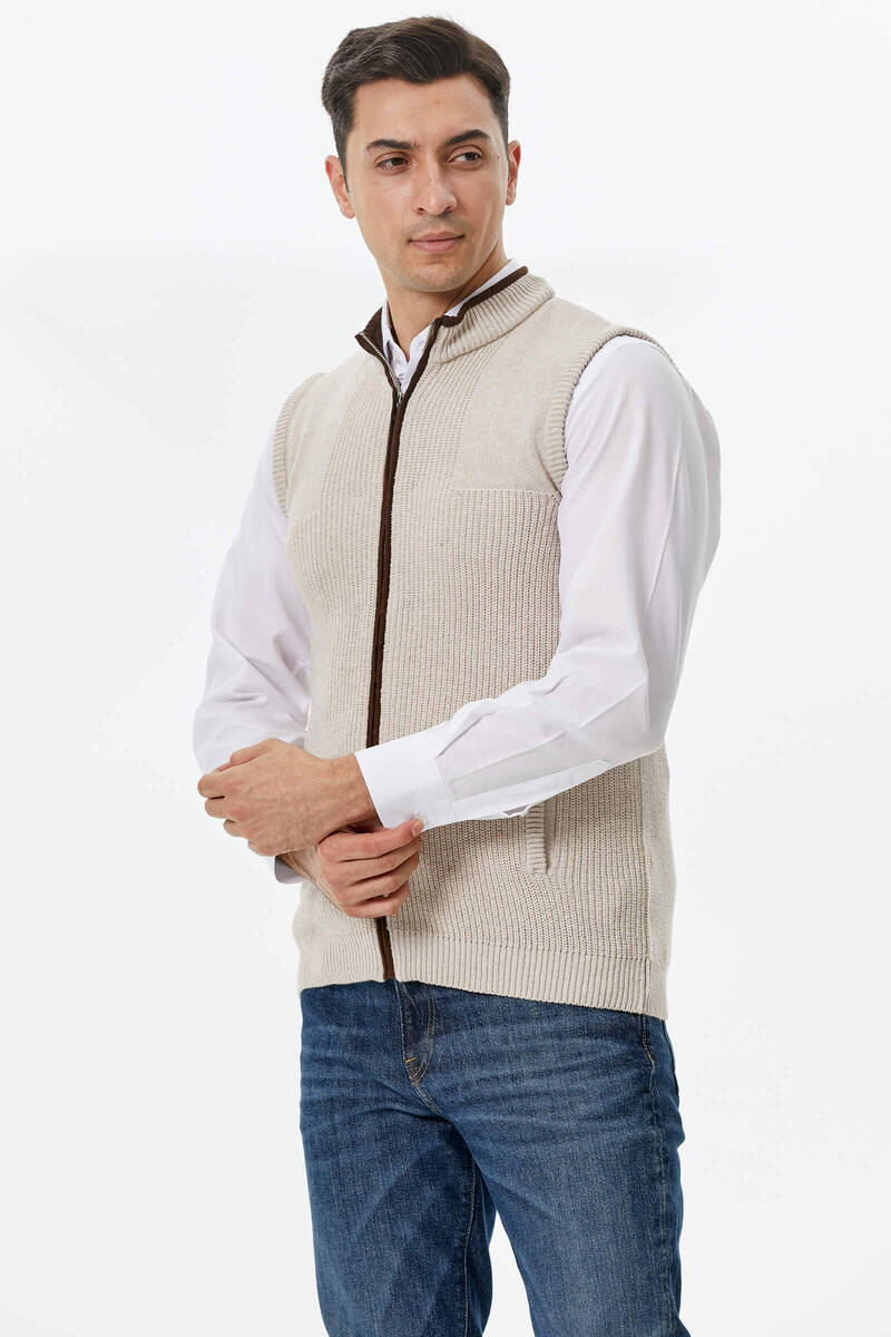 Fermuarlı Dik Yakalı Triko Yelek - Açık Bej (2) Sementa