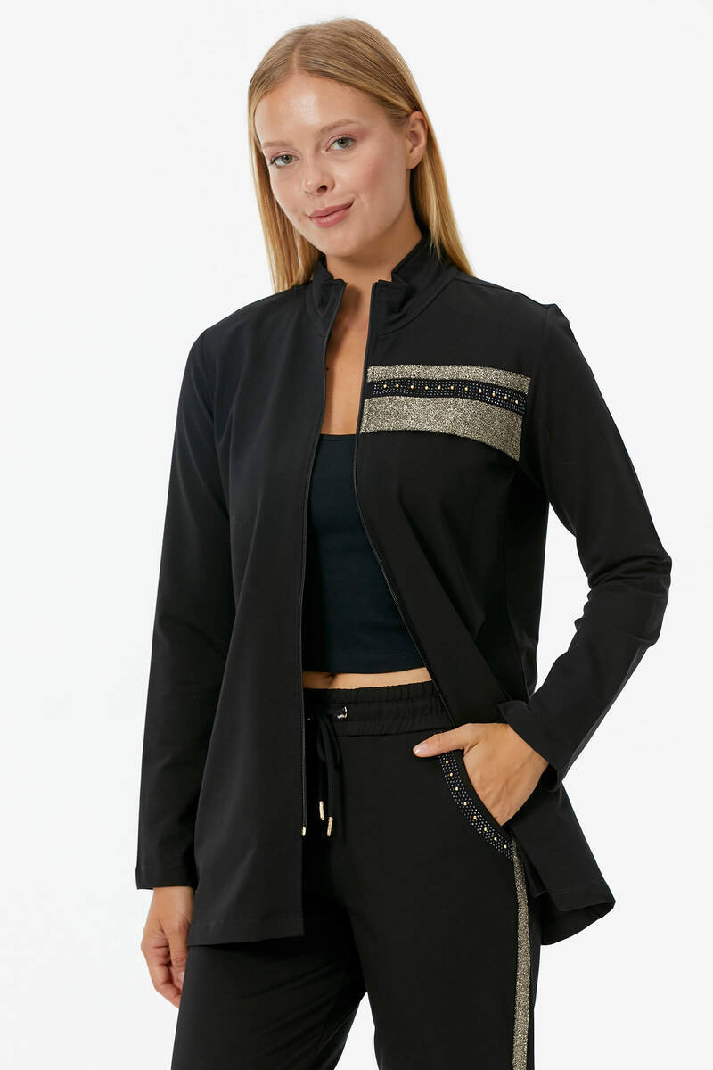 Geniş Kalıp Dik Yaka Taş Detaylı Eşofman Takım - Siyah (1) Sementa