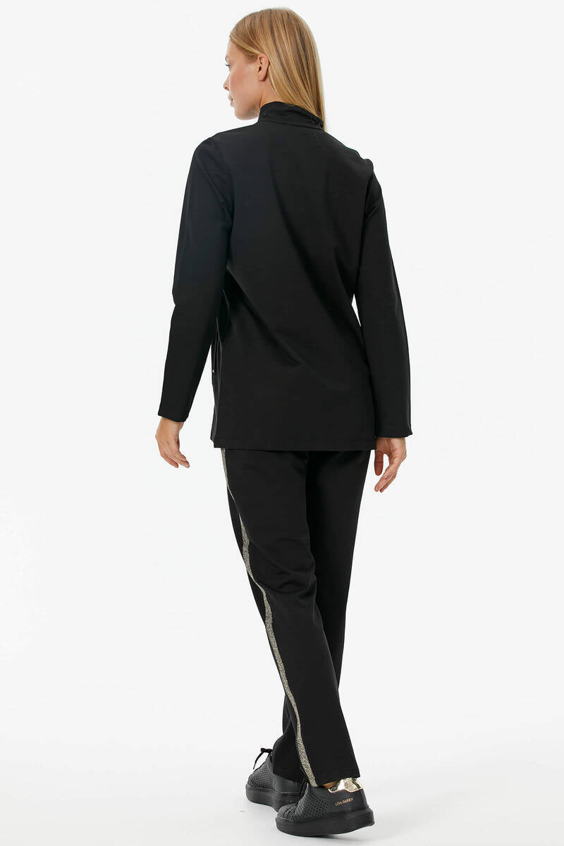 Geniş Kalıp Dik Yaka Taş Detaylı Eşofman Takım - Siyah (5) Sementa