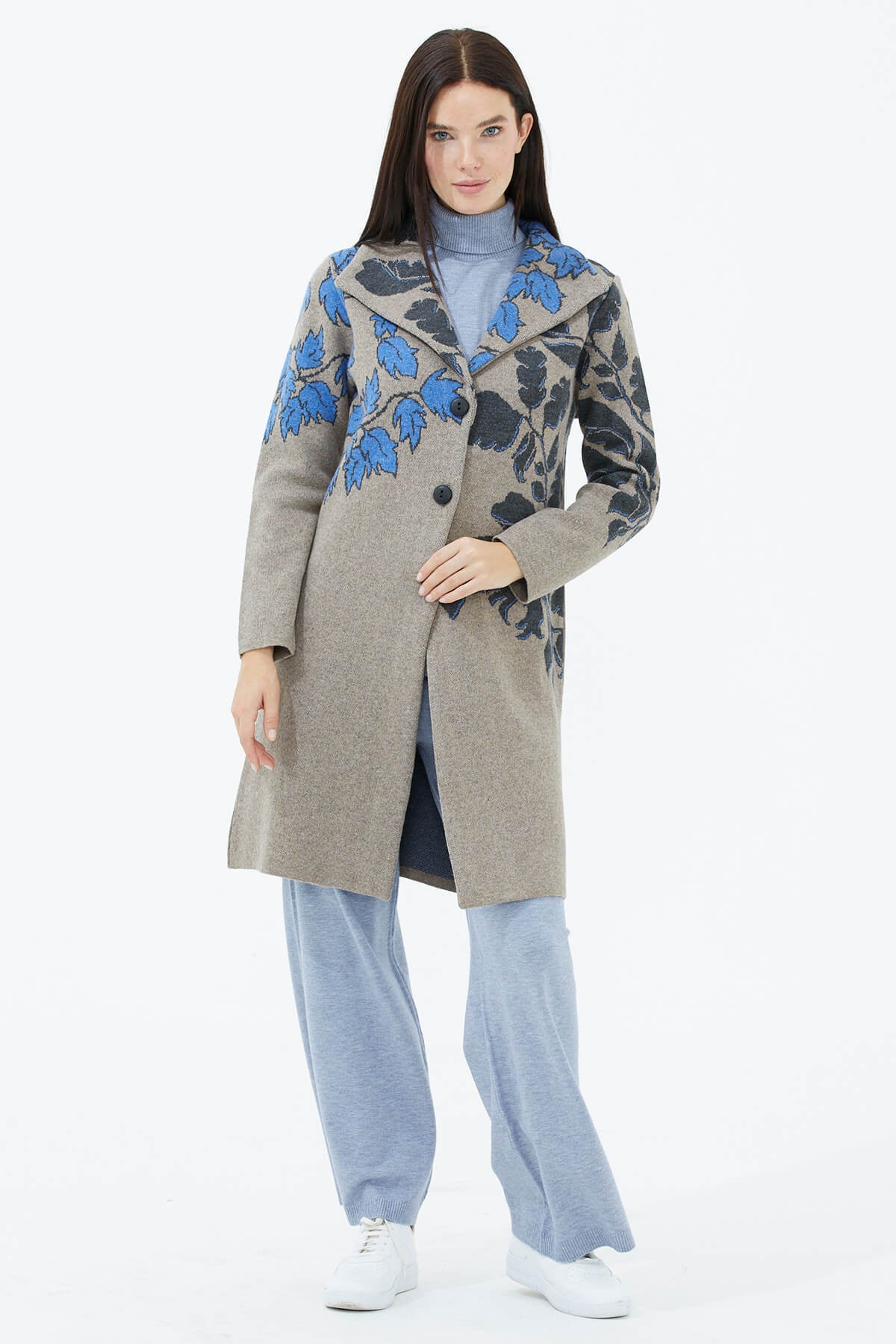 Geniş Polo Yaka Desenli Triko Hırka - Sütlü Kahve (1) Sementa