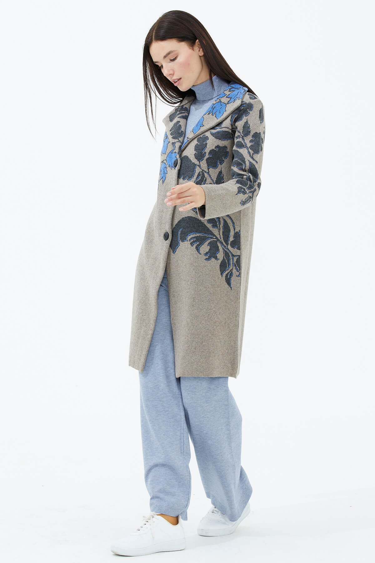 Geniş Polo Yaka Desenli Triko Hırka - Sütlü Kahve (2) Sementa