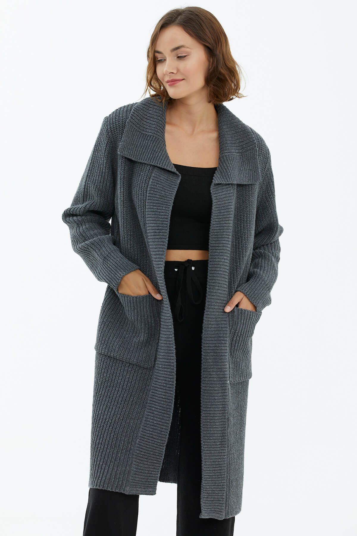 Geniş Yaka Salaş Triko Uzun Hırka - Koyu Gri (1) Sementa