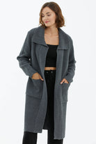 Geniş Yaka Salaş Triko Uzun Hırka - Koyu Gri (1) Sementa